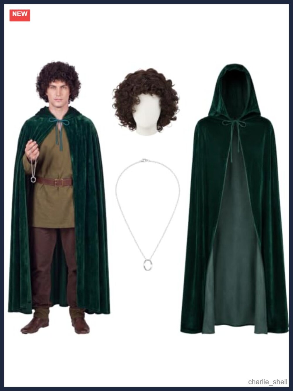 Medieval Costume Set Men Hooded Velvet Cape Wig Ring Halloween Cosplay
